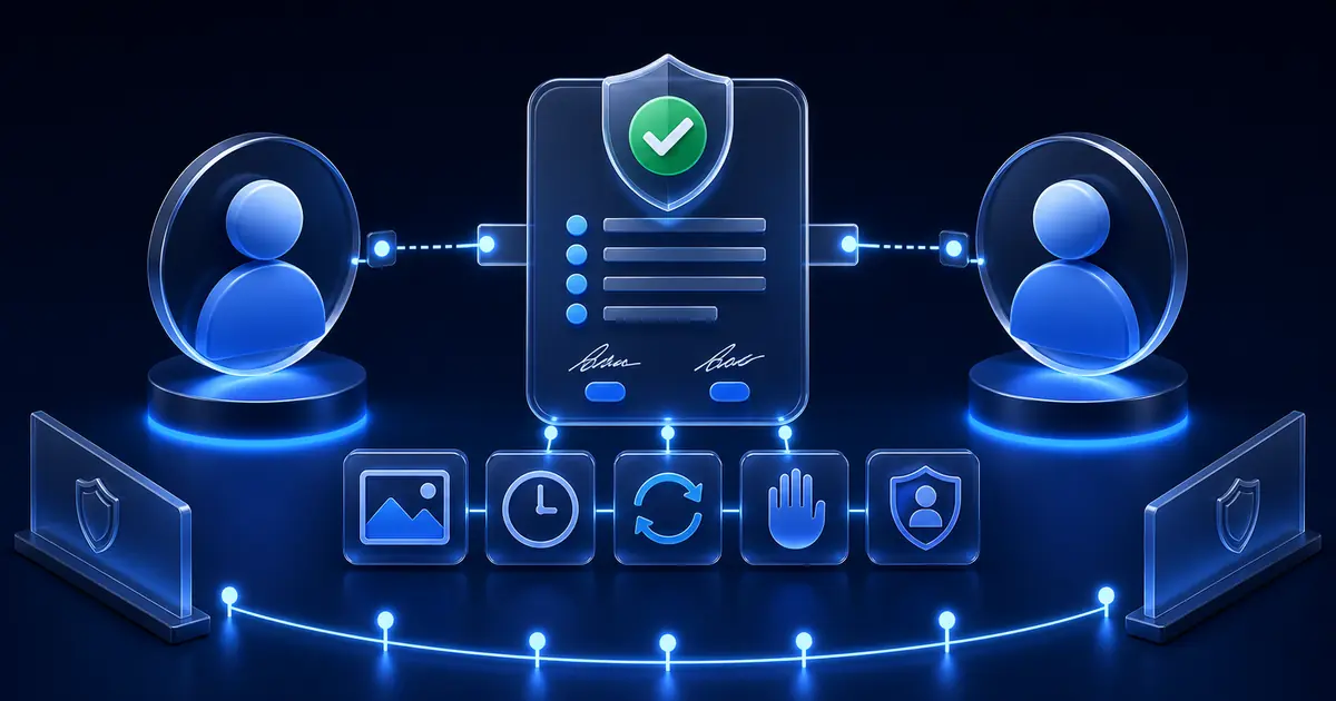 Adults reviewing a clear digital-image consent agreement with privacy controls