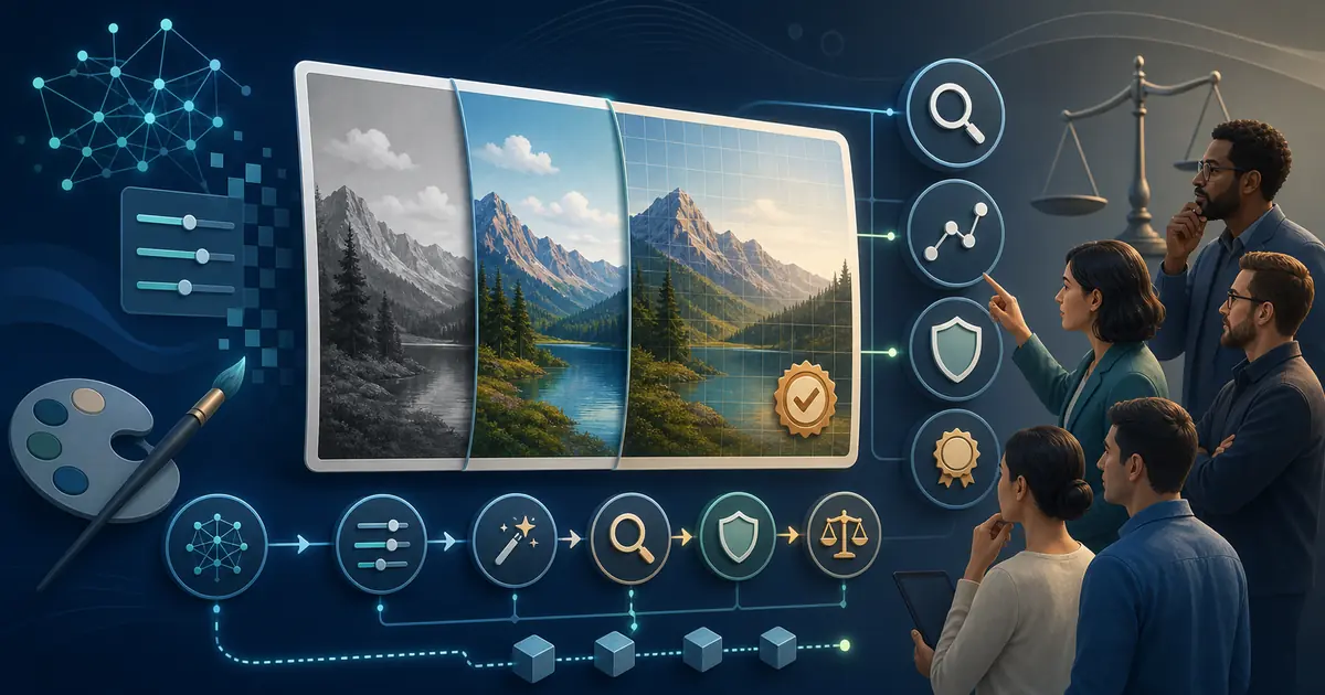 Conceptual AI image-processing pipeline connecting an input photo, analysis layers, privacy controls and a synthetic output