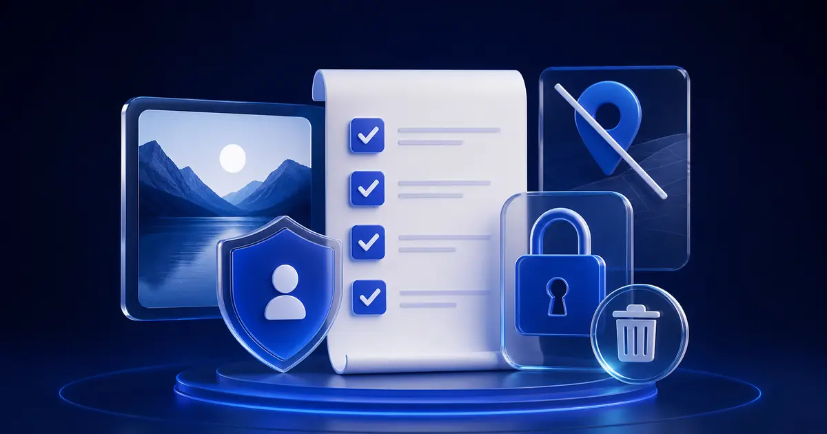 Privacy checklist with protected photo, lock, location control and deletion symbol