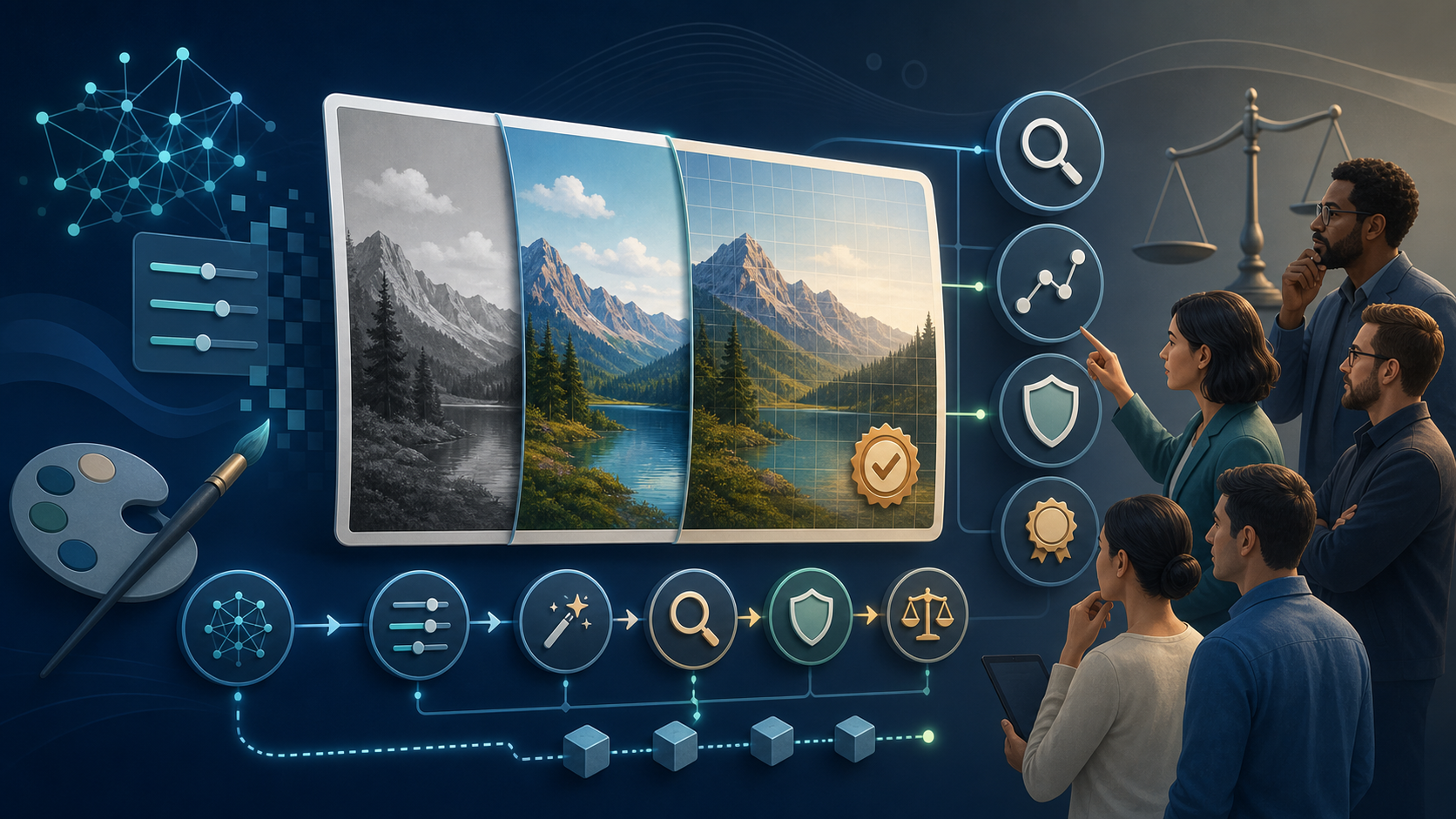 Digital image moving through AI editing, provenance, verification, privacy, and audience evaluation stages