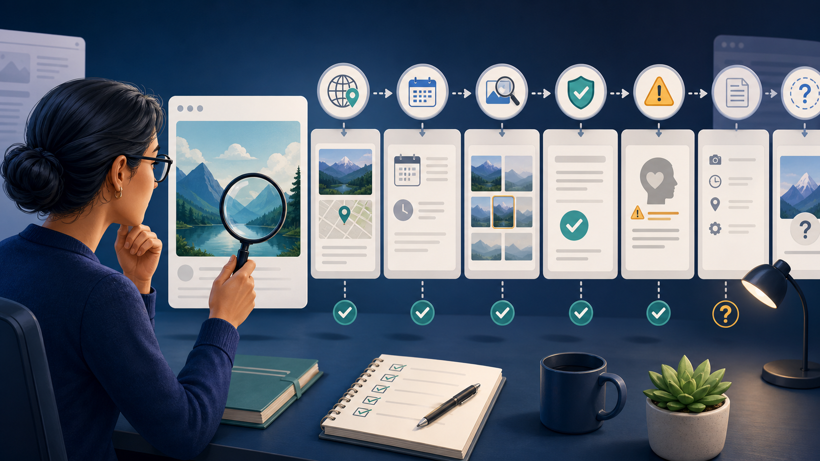 Reader using a magnifying glass to verify an online image through source, date, reverse search, corroboration, emotional warning, metadata, and uncertainty checks