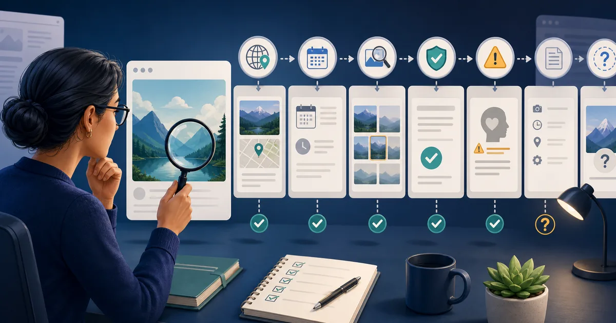 Reader using a magnifying glass to verify an online image through source, date, reverse search, corroboration, emotional warning, metadata, and uncertainty checks