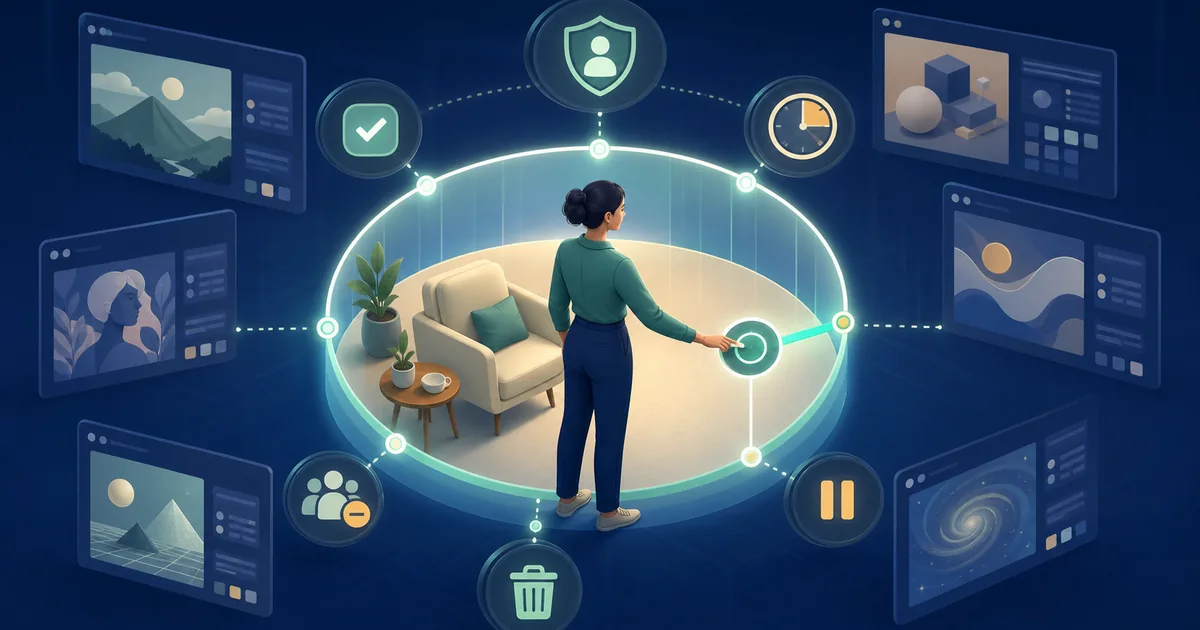 Adult setting a protected digital boundary around AI tools with controls for consent, privacy, time, audience, pause, and deletion