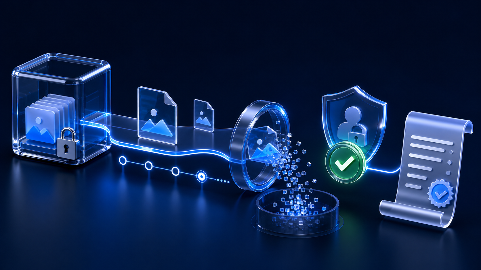 Transparent digital file deletion lifecycle with secure storage, expiration timeline, privacy shield, and verified removal confirmation