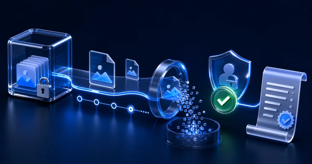 Transparent digital file deletion lifecycle with secure storage, expiration timeline, privacy shield, and verified removal confirmation