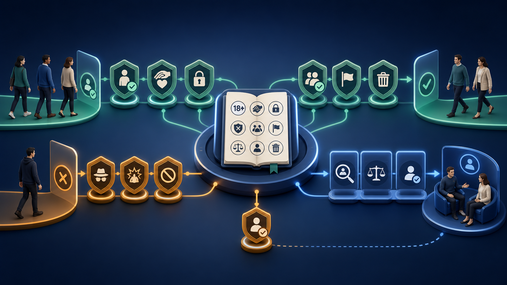 Responsible AI service governed by clear adult-only, consent, privacy, moderation, reporting, deletion, enforcement, and appeal rules