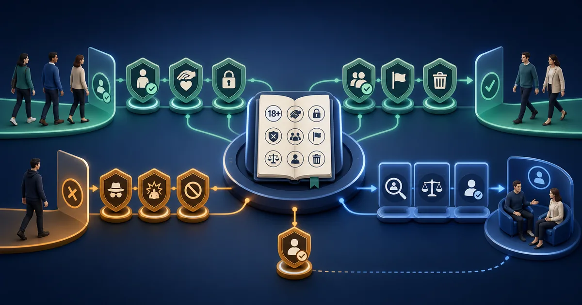 Responsible AI service governed by clear adult-only, consent, privacy, moderation, reporting, deletion, enforcement, and appeal rules