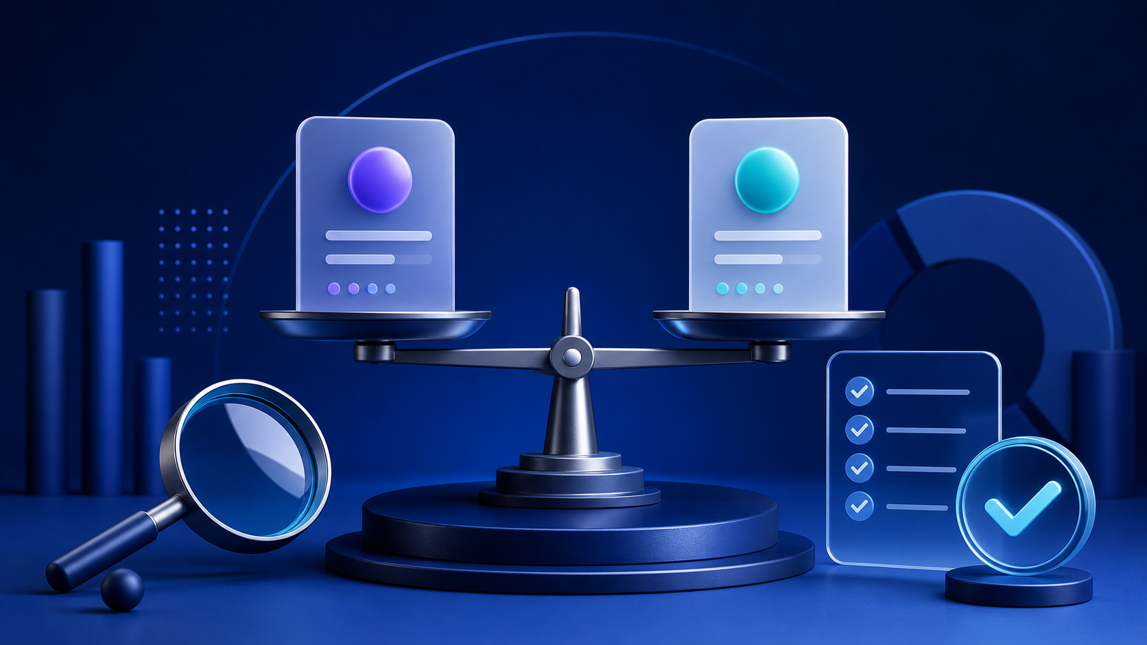 Two online service cards balanced on a scale beside a review checklist and magnifying glass