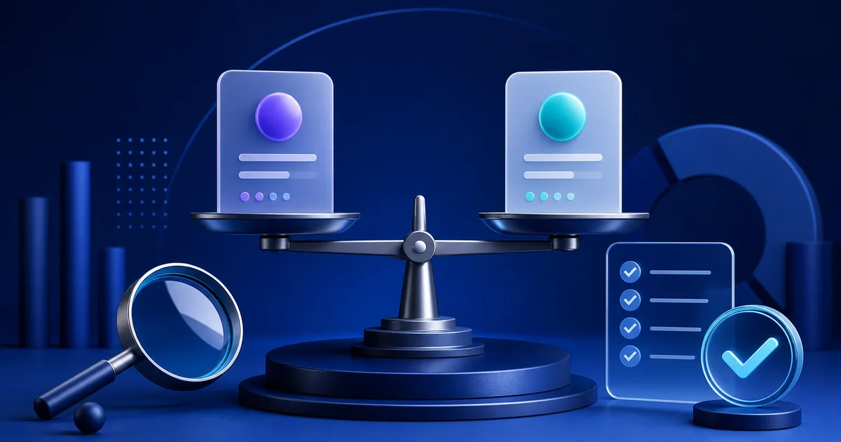 Two online service cards balanced on a scale beside a review checklist and magnifying glass