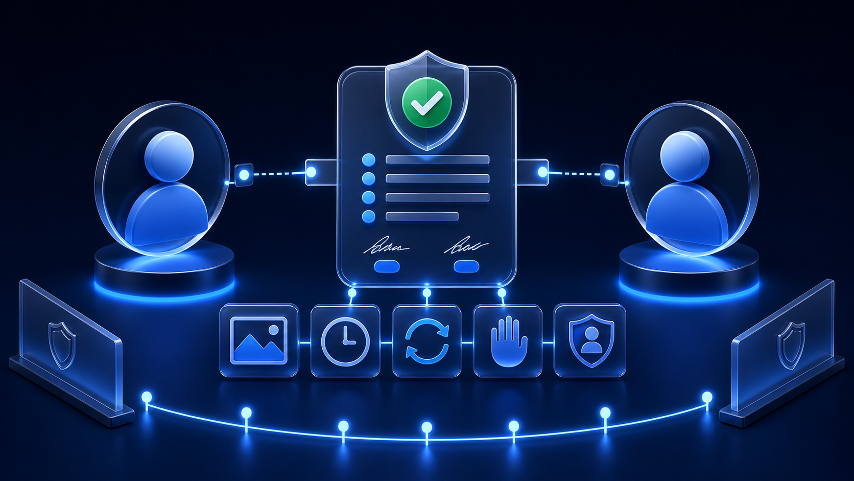 Balanced adult profile icons connected by a clear digital consent agreement with privacy, specific-use, time, and withdrawal controls
