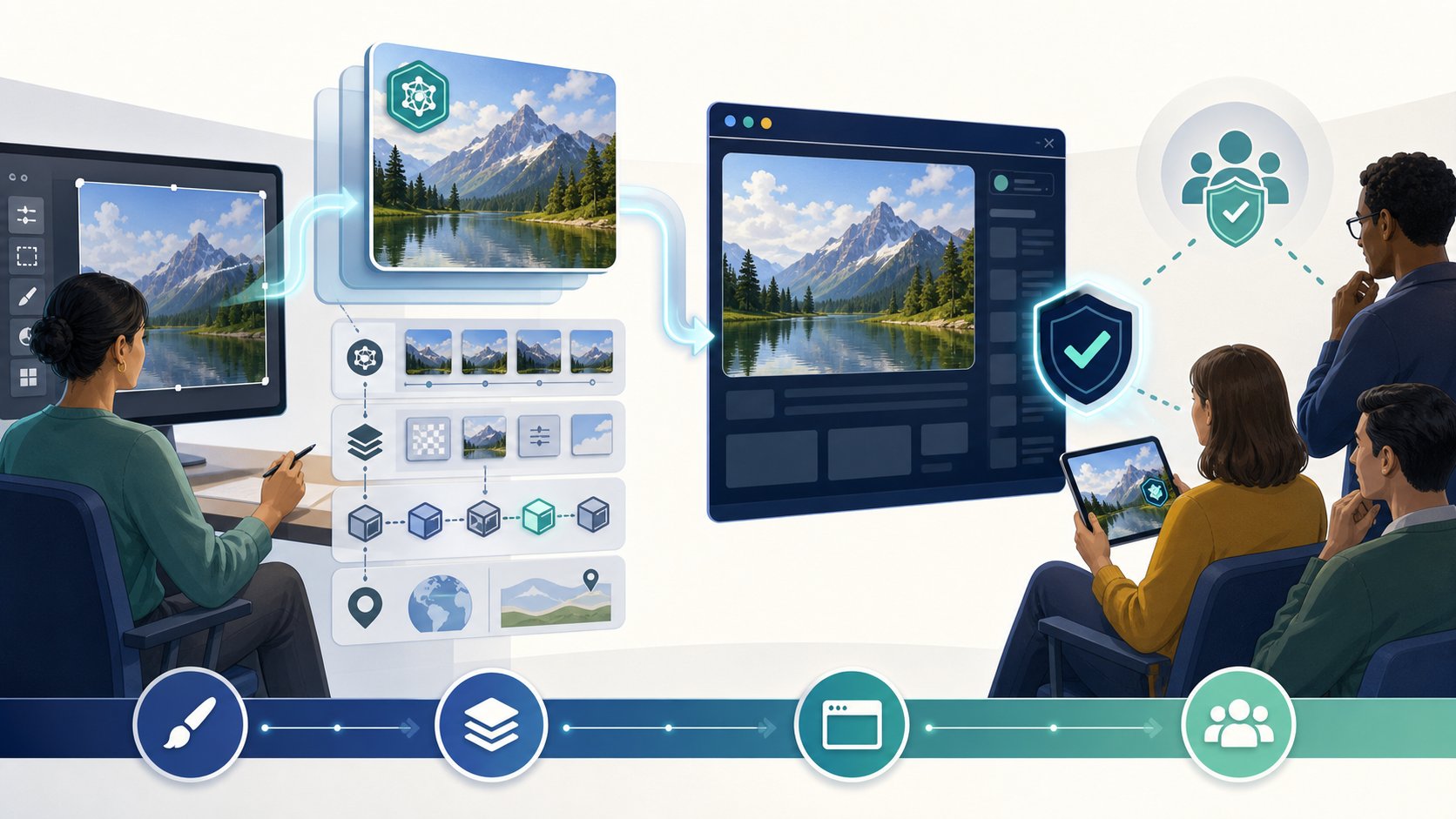 AI-edited image carrying disclosure, edit history, provenance, context, and trust information from creator through publisher to audience