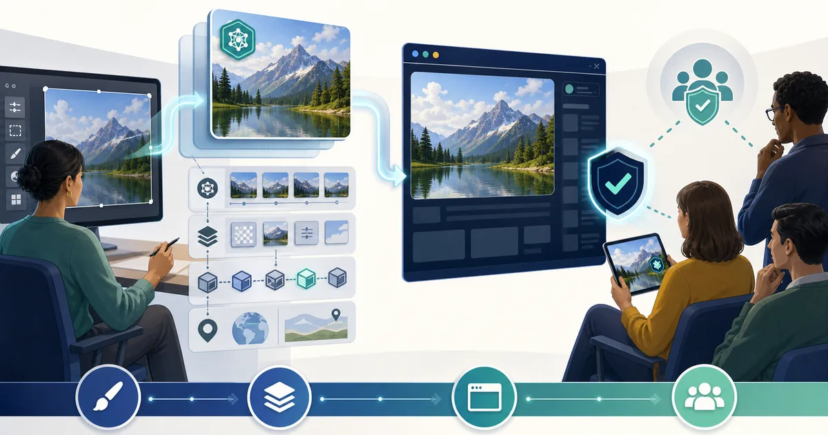 AI-edited image carrying disclosure, edit history, provenance, context, and trust information from creator through publisher to audience