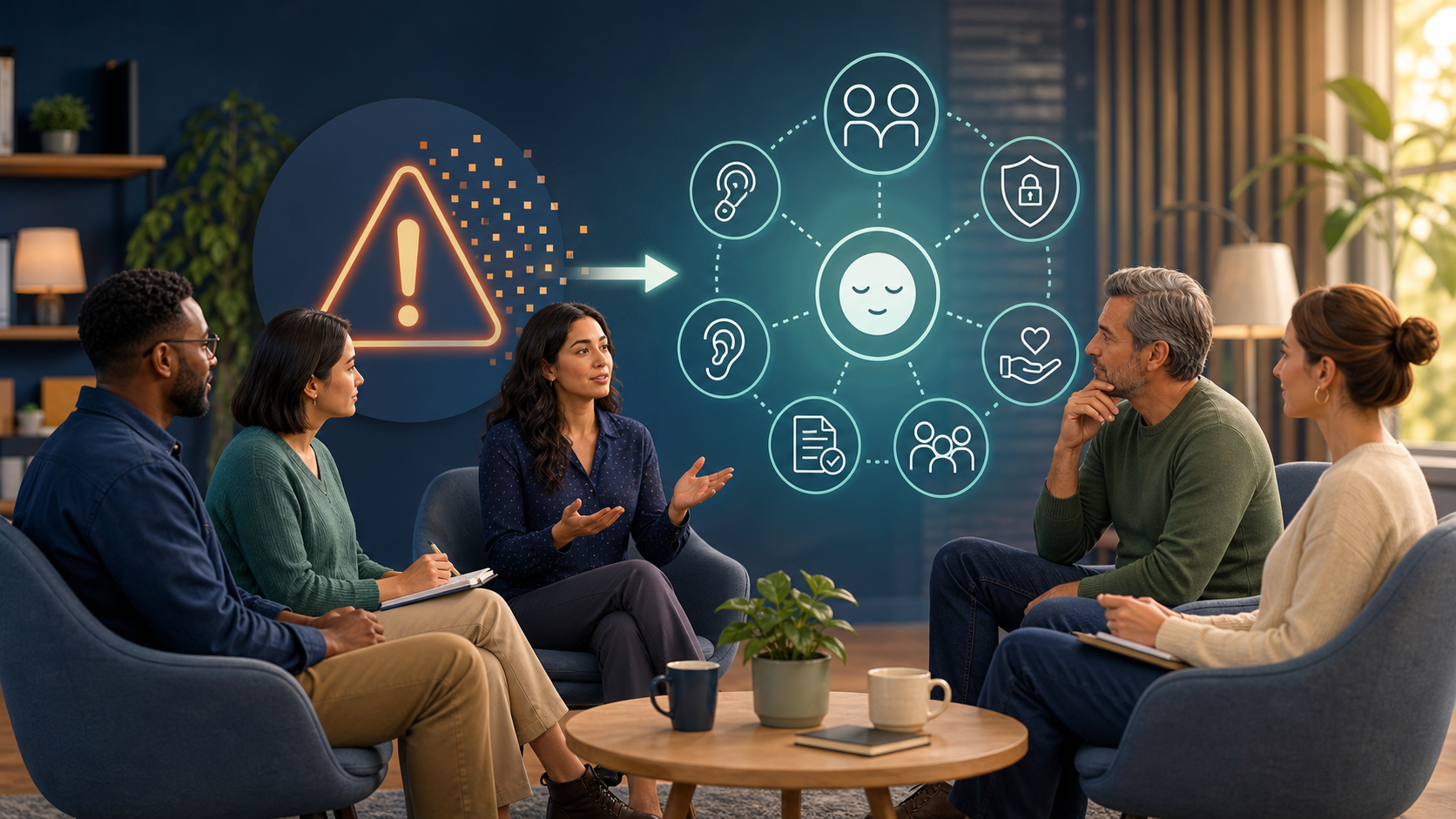 Adults having a calm discussion that turns an AI image risk warning into listening, facts, privacy, consent, reporting, and support steps