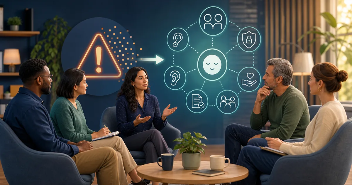 Adults having a calm discussion that turns an AI image risk warning into listening, facts, privacy, consent, reporting, and support steps