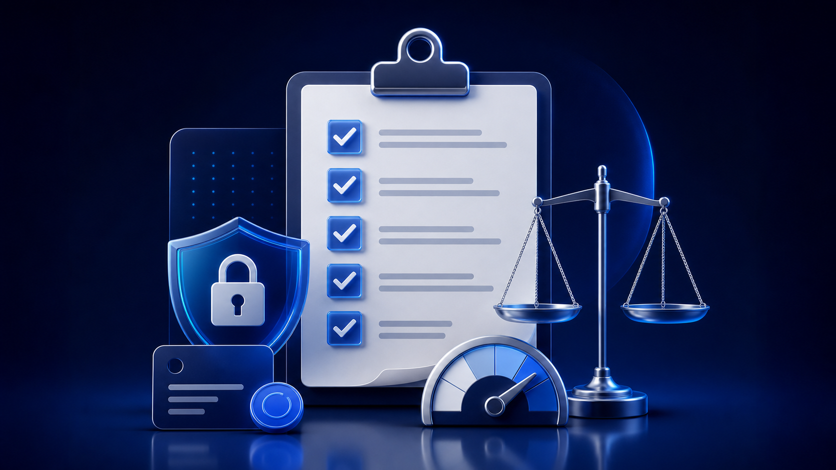 Evaluation checklist with privacy shield, price card, quality gauge, and balanced scale for reviewing an AI image service