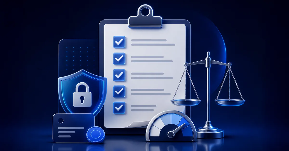 Evaluation checklist with privacy shield, price card, quality gauge, and balanced scale for reviewing an AI image service