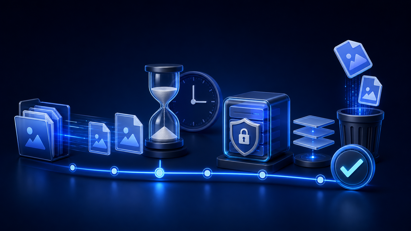 Image files moving along a retention timeline through secure storage, backups, and a verified deletion process