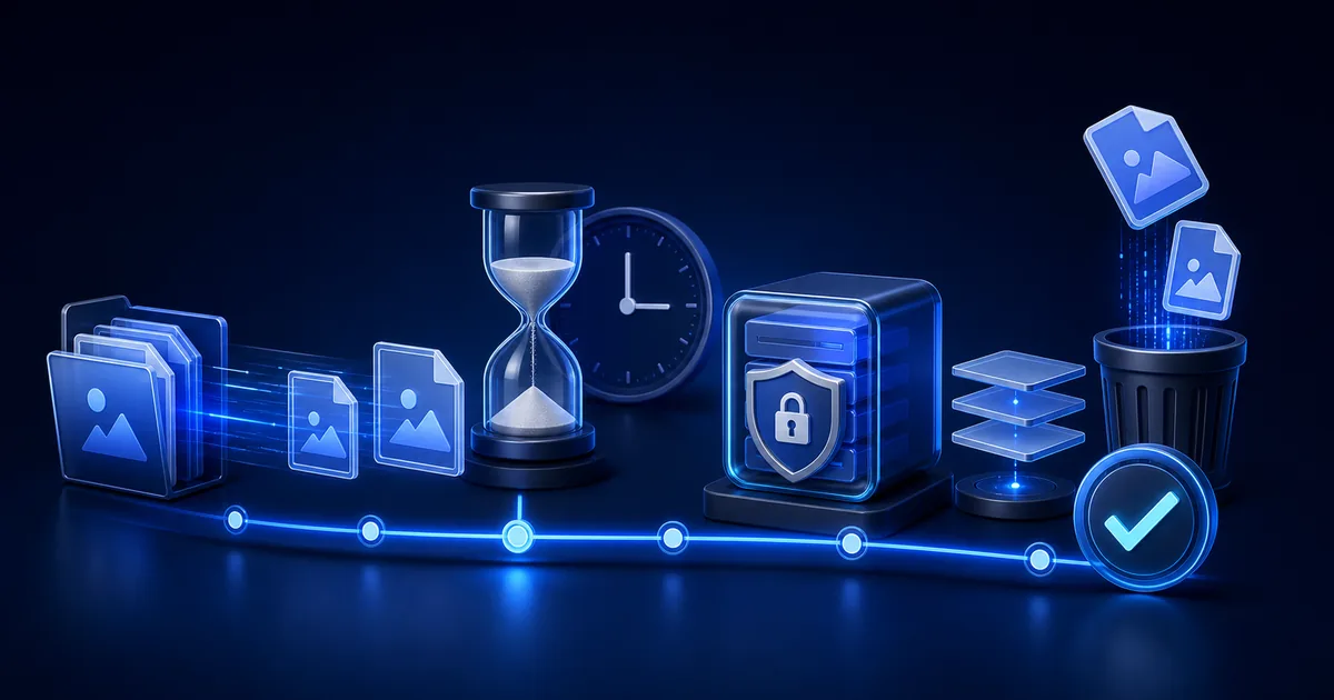 Image files moving along a retention timeline through secure storage, backups, and a verified deletion process