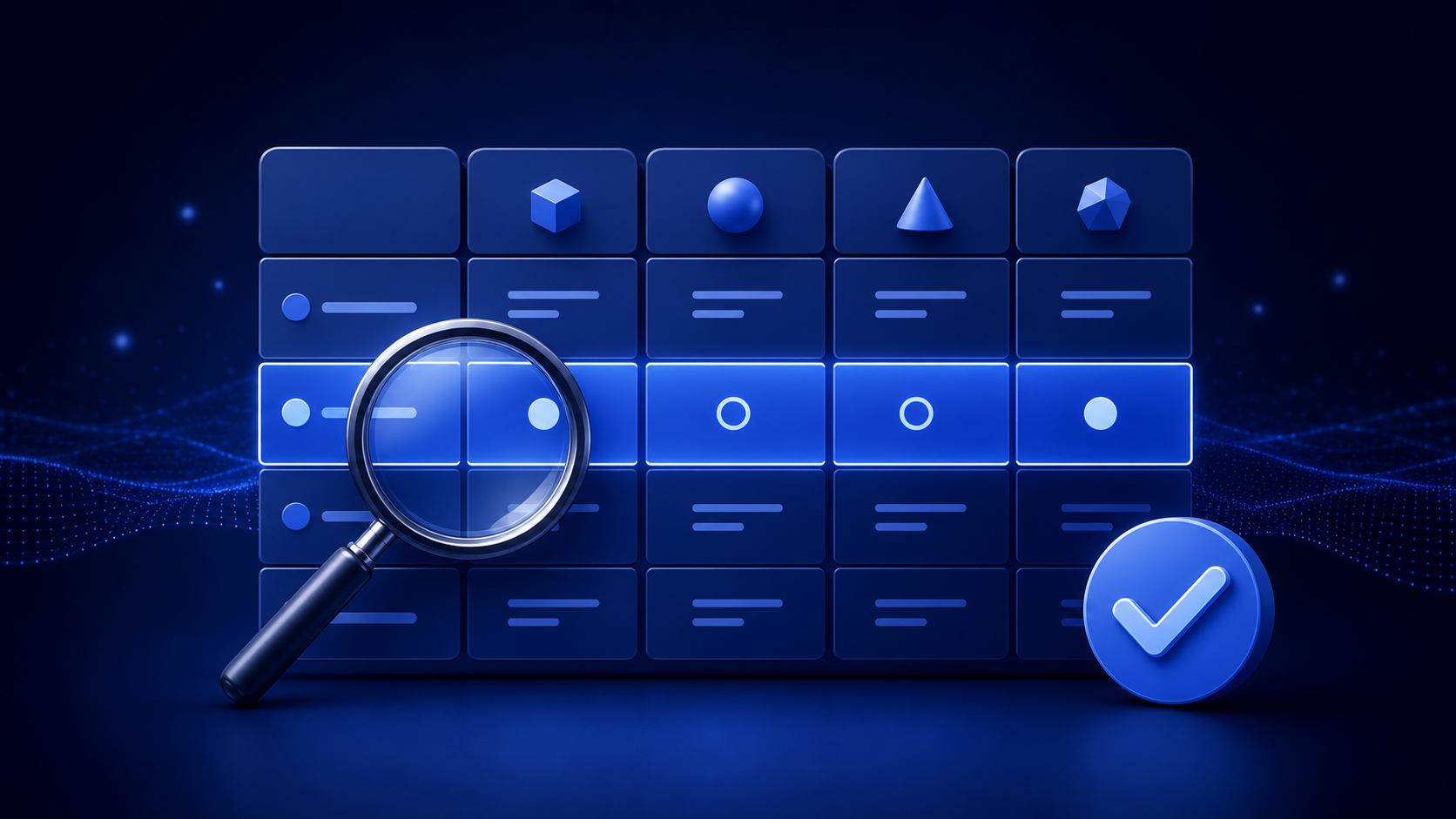Magnifying glass examining a blue AI tool comparison table with highlighted rows