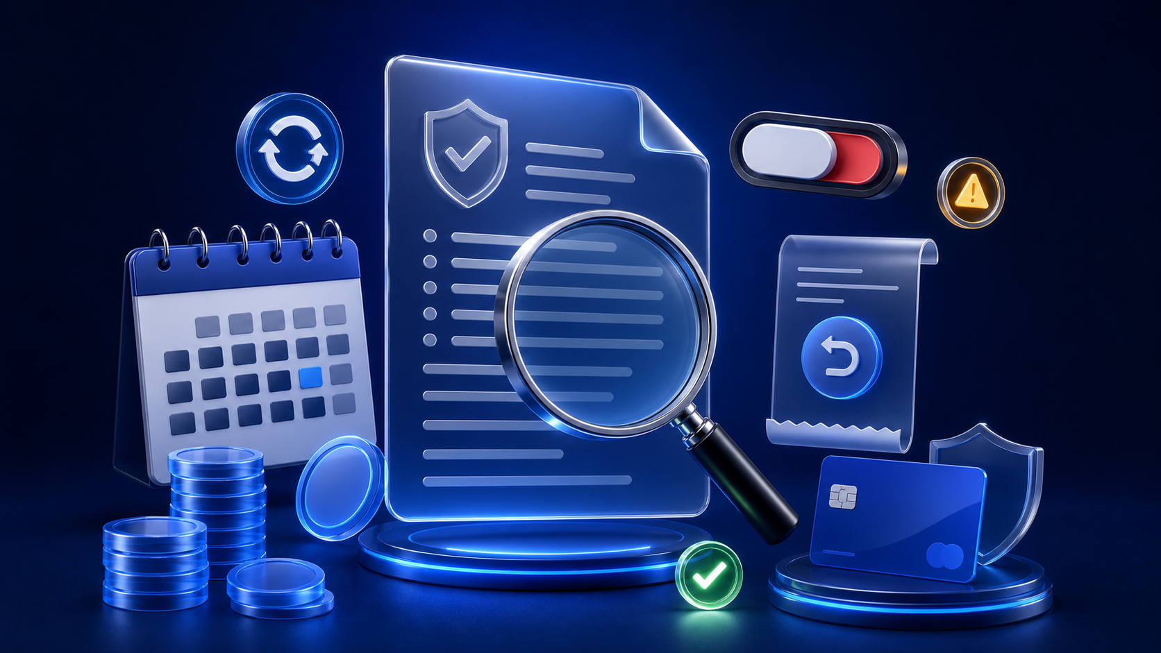 Subscription terms examined with a magnifying glass beside renewal, credits, cancellation, refund, and protected payment symbols
