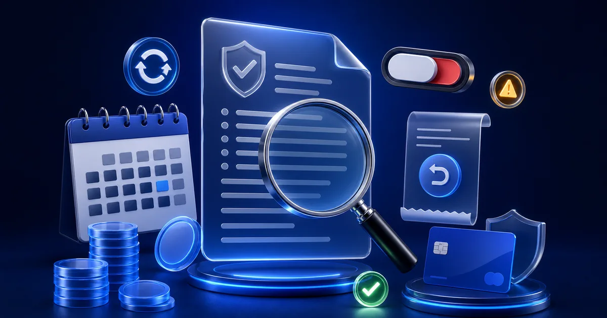 Subscription terms examined with a magnifying glass beside renewal, credits, cancellation, refund, and protected payment symbols