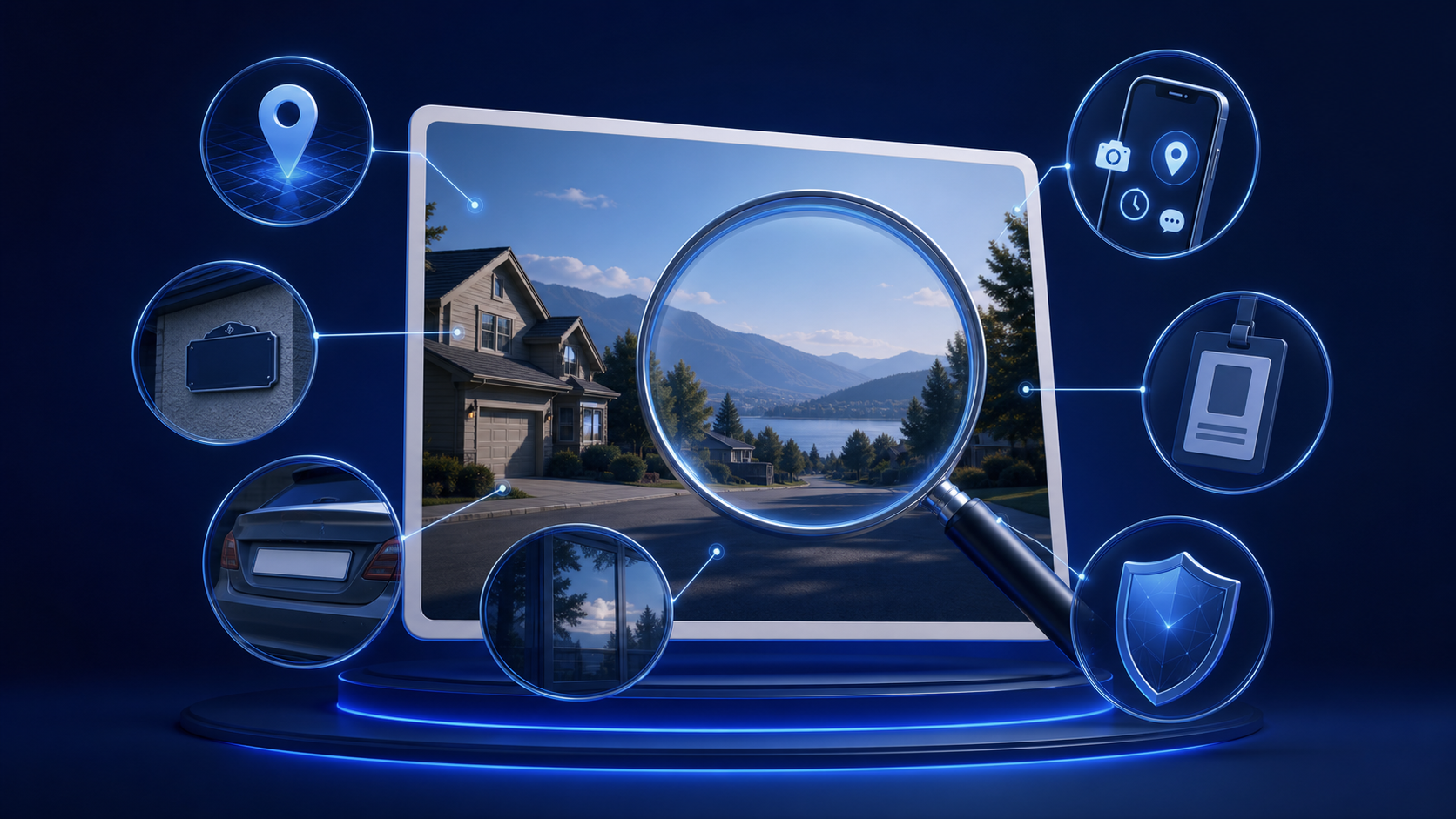 Ordinary neighbourhood photo examined for location, house, vehicle, reflection, device metadata, and workplace identification clues