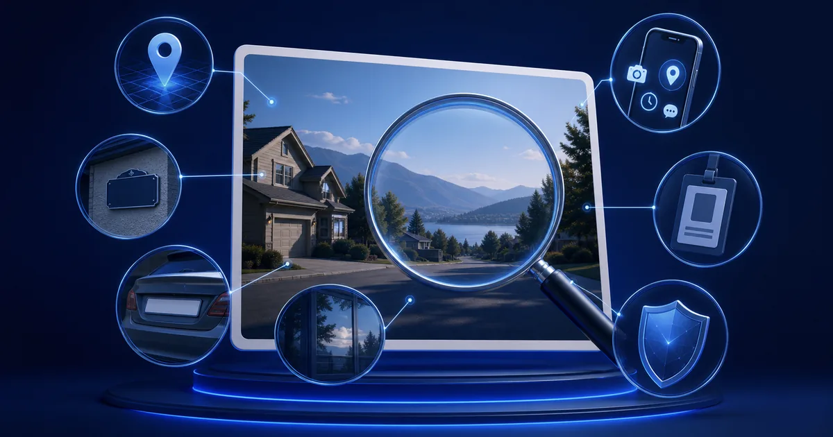 Ordinary neighbourhood photo examined for location, house, vehicle, reflection, device metadata, and workplace identification clues