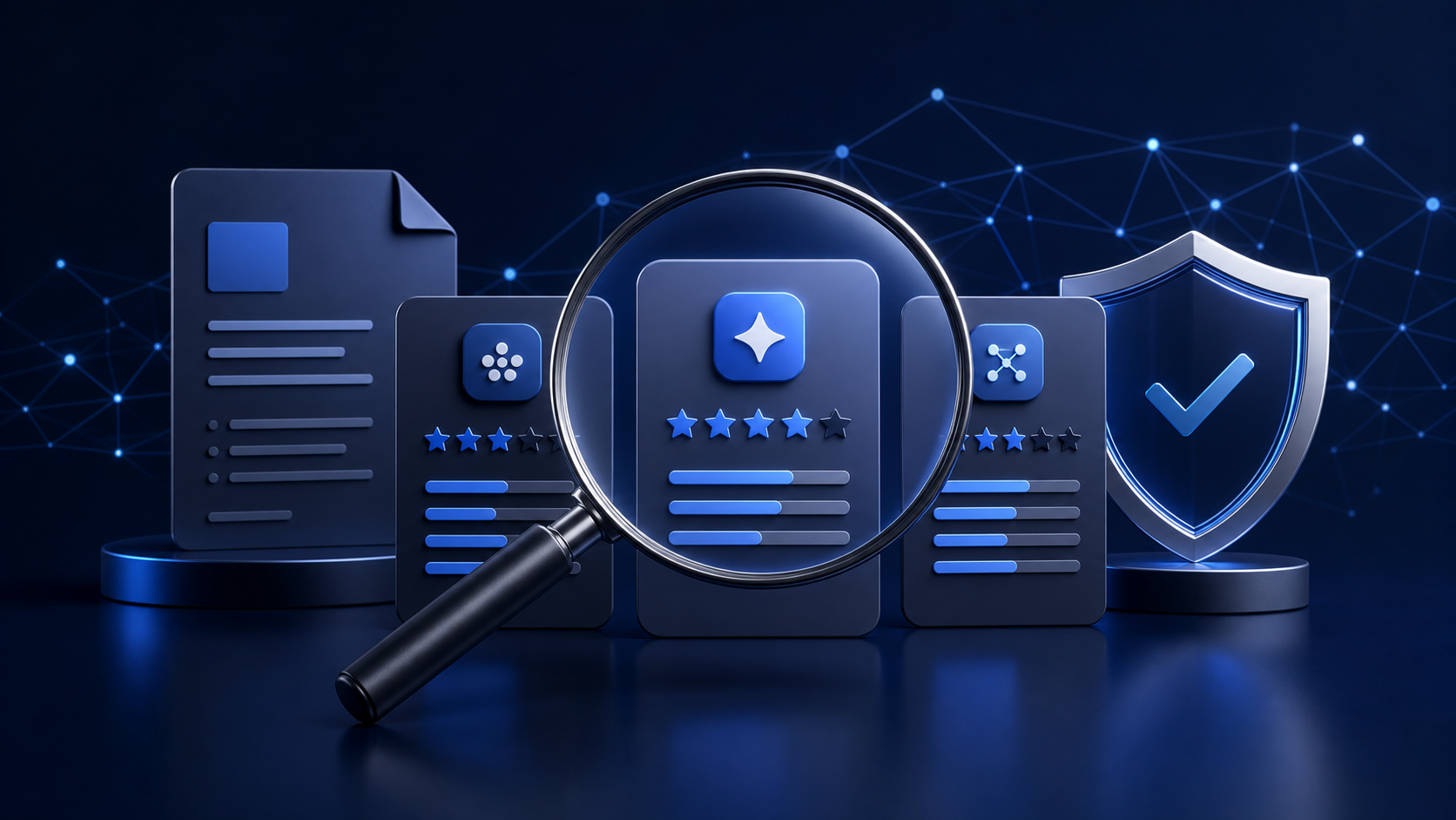 Magnifying glass reviewing AI tool rating cards with a transparency shield