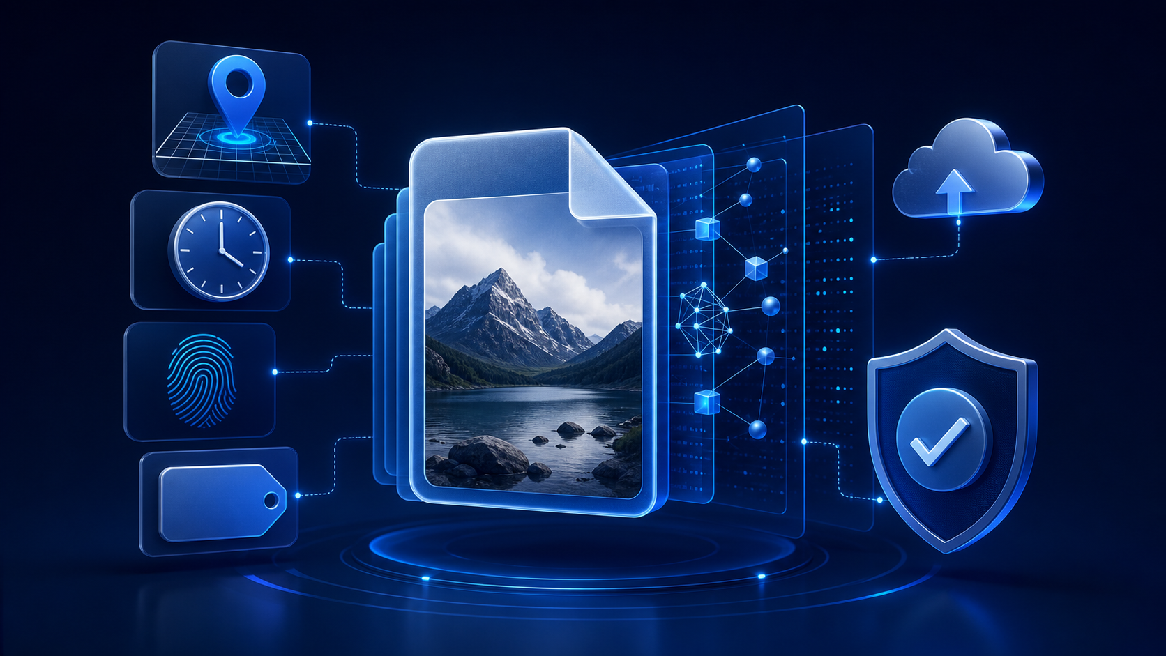 Digital photo file revealing GPS location, timestamp, device, cloud, and metadata privacy clues behind a protective shield