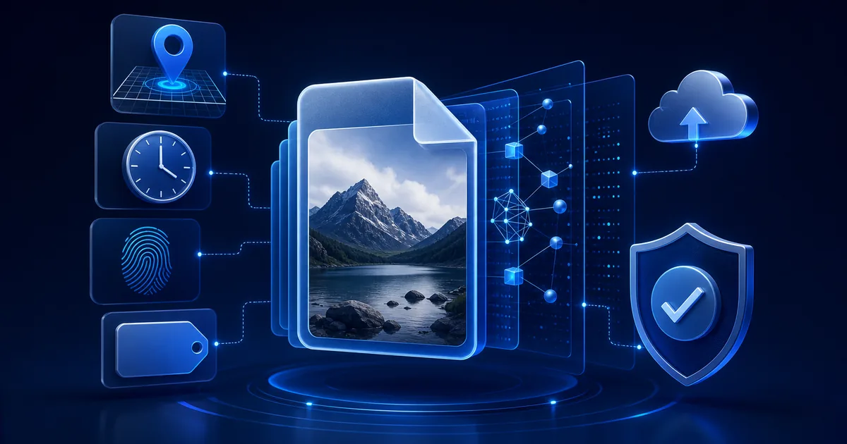 Digital photo file revealing GPS location, timestamp, device, cloud, and metadata privacy clues behind a protective shield