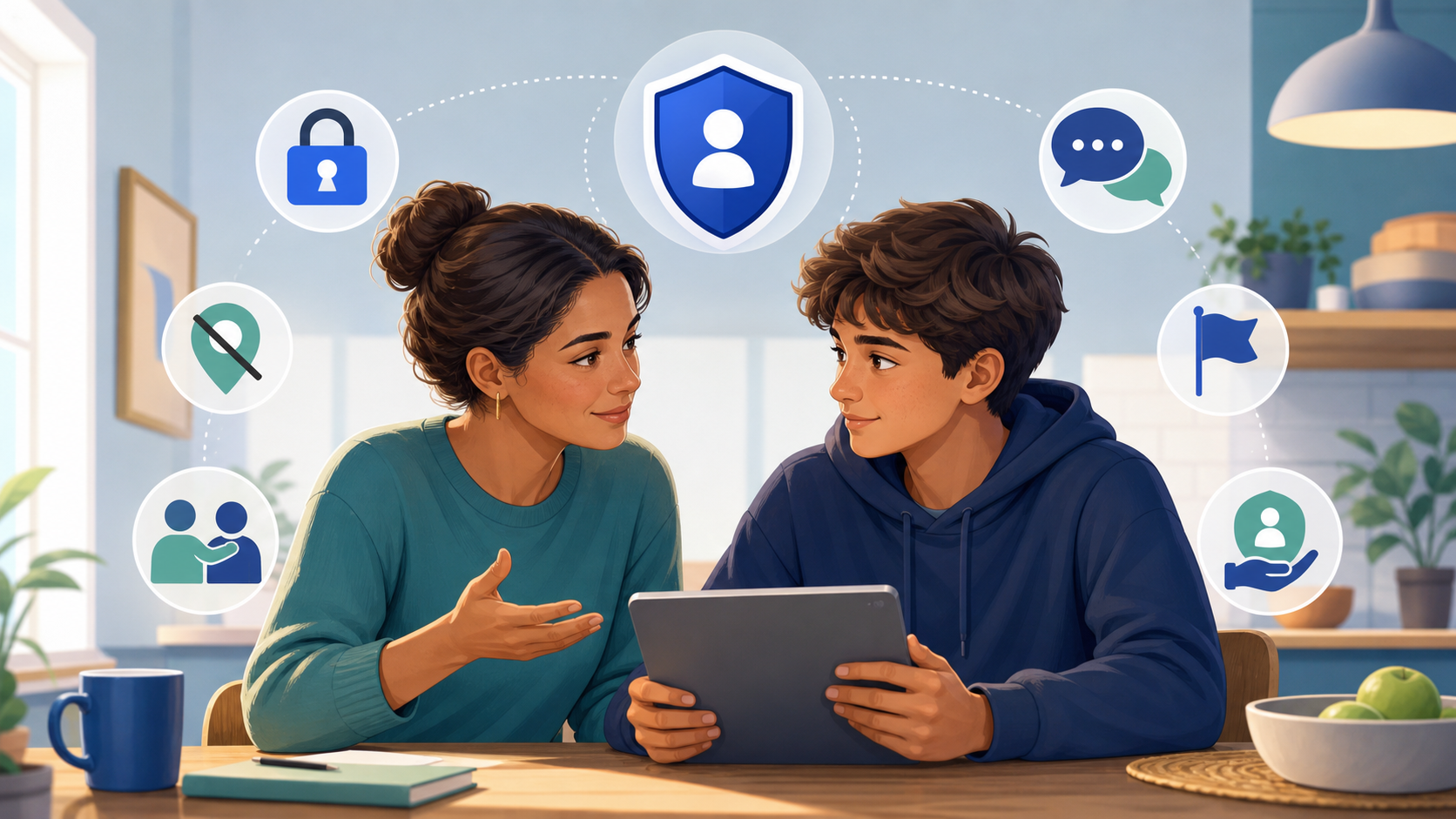 Parent and teenager having a calm digital privacy conversation with symbols for account security, location protection, reporting, communication, and trusted support