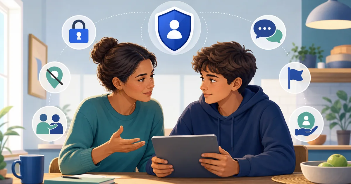 Parent and teenager having a calm digital privacy conversation with symbols for account security, location protection, reporting, communication, and trusted support
