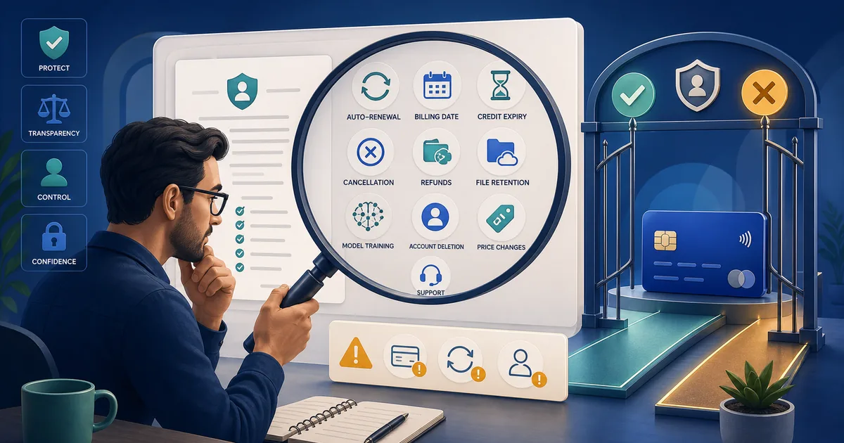 Adult reviewing small subscription policy details with a magnifying glass, including renewal, credits, cancellation, refunds, retention, deletion, licensing, and support