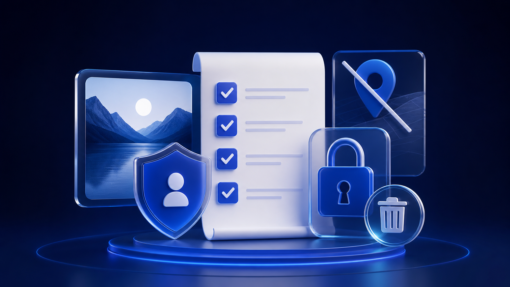 Privacy checklist beside a protected photo, secure lock, disabled location marker, and deletion symbol
