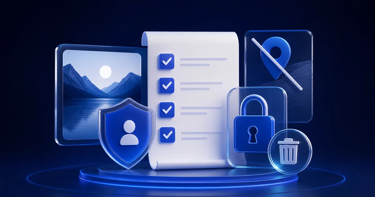 Privacy checklist beside a protected photo, secure lock, disabled location marker, and deletion symbol