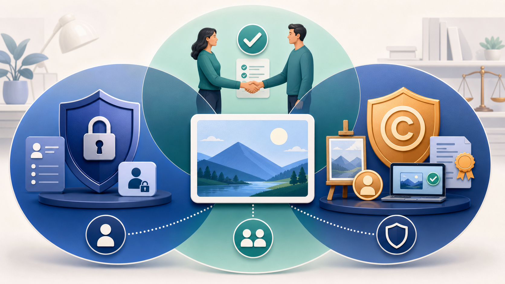 One digital image protected by three overlapping systems representing personal privacy, specific consent, and creator copyright
