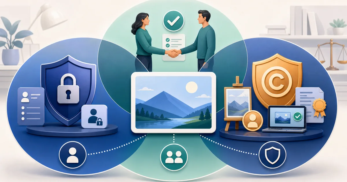 One digital image protected by three overlapping systems representing personal privacy, specific consent, and creator copyright