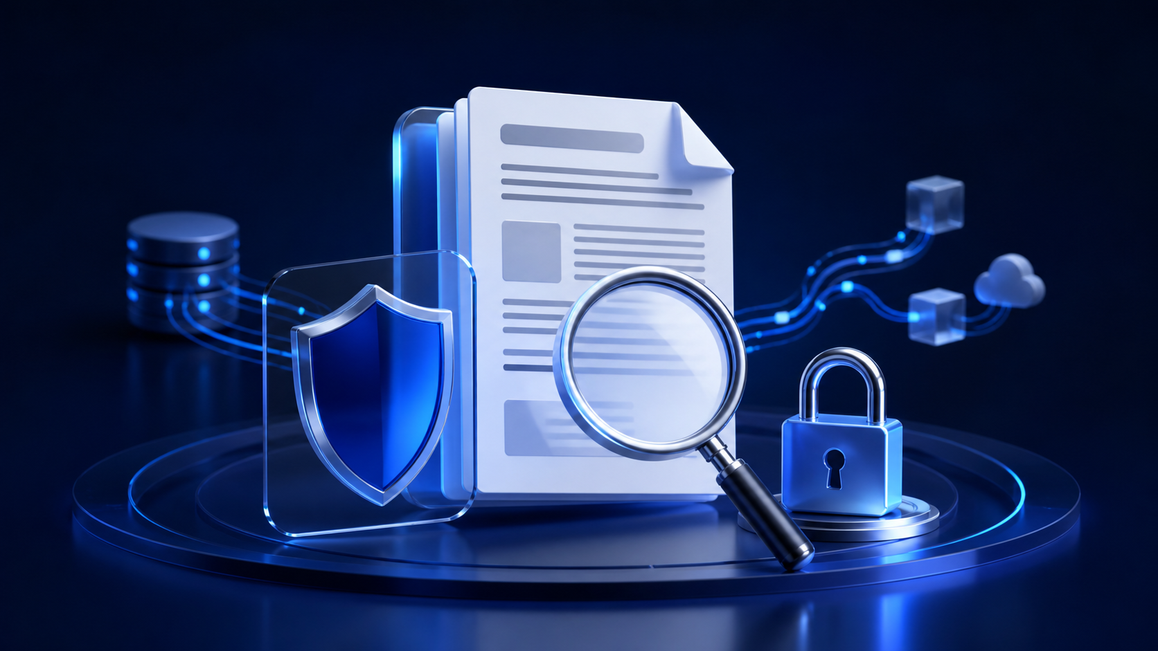 Privacy policy document examined with a magnifying glass beside a shield and secure lock