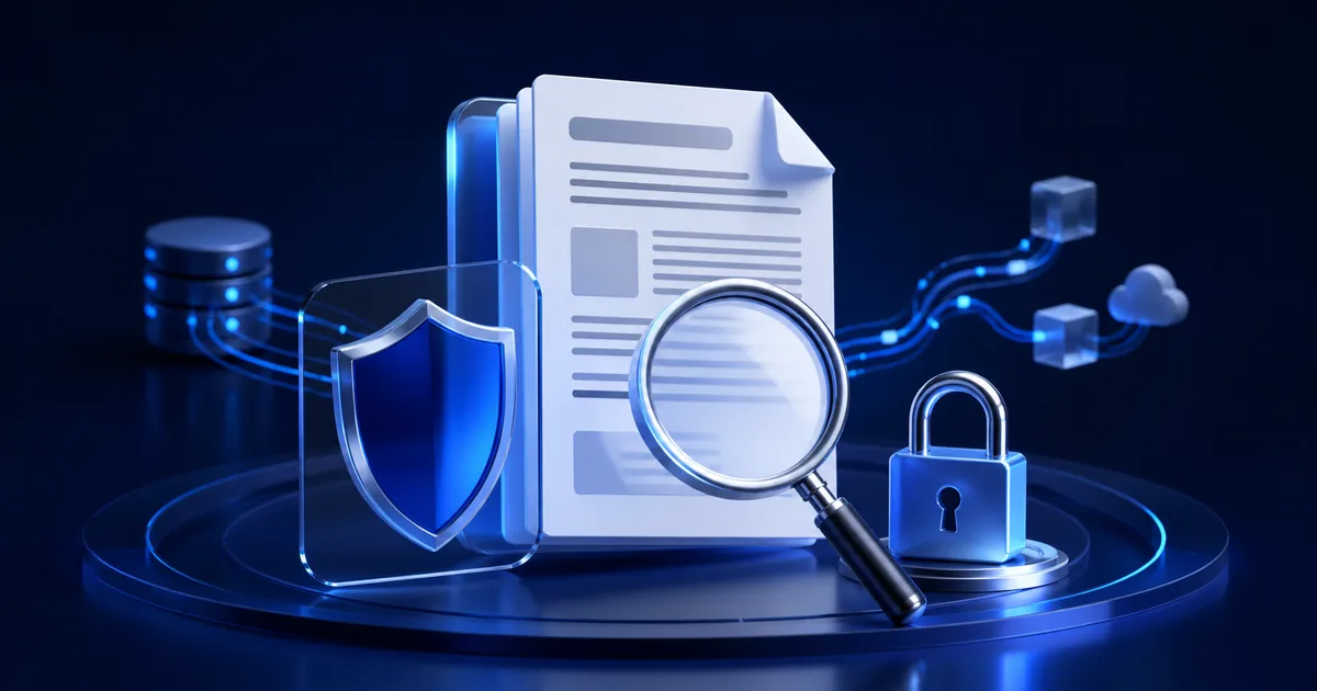 Privacy policy document examined with a magnifying glass beside a shield and secure lock