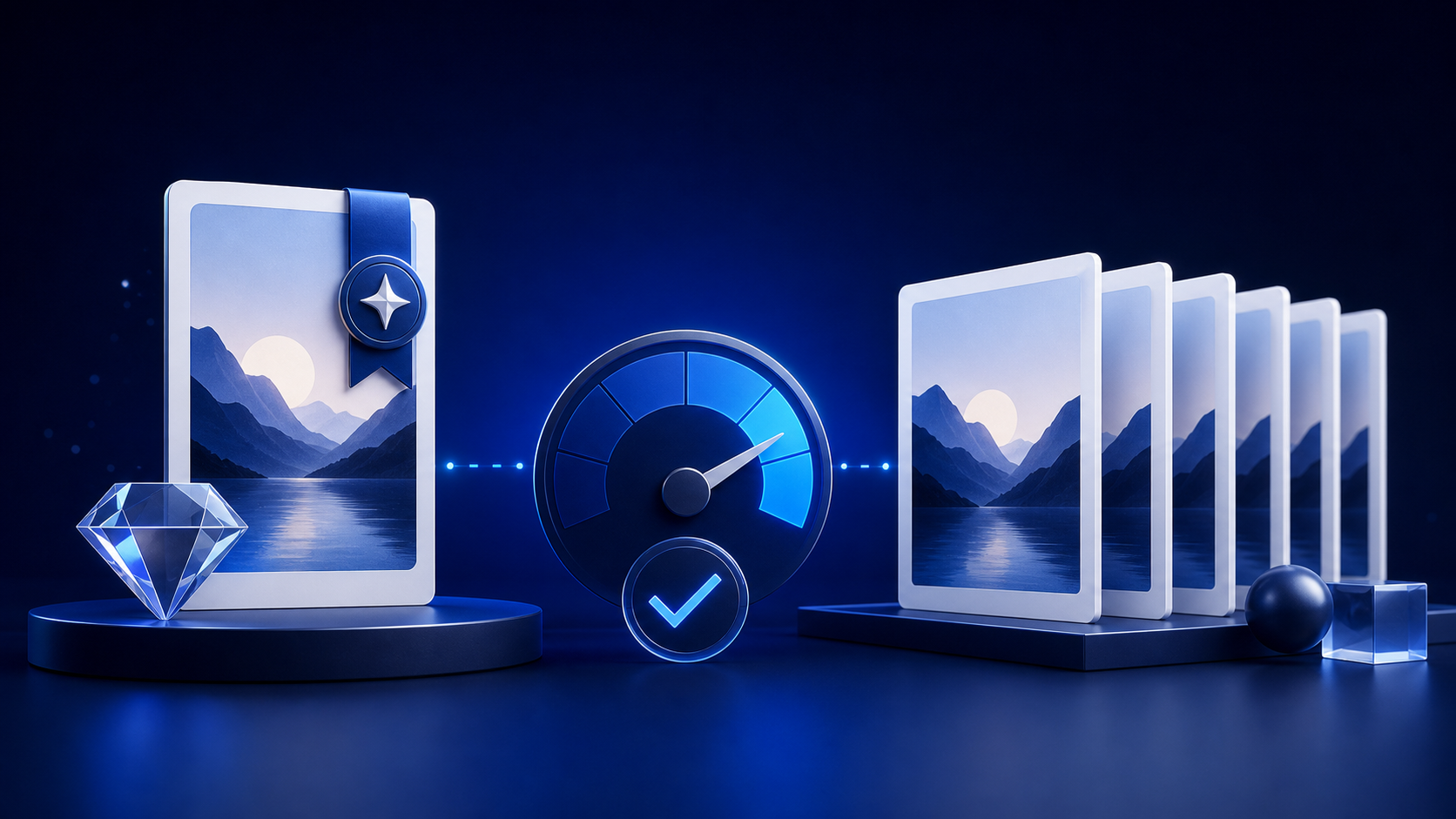 Single high-quality image card balanced against a sequence of consistent image cards and a review gauge