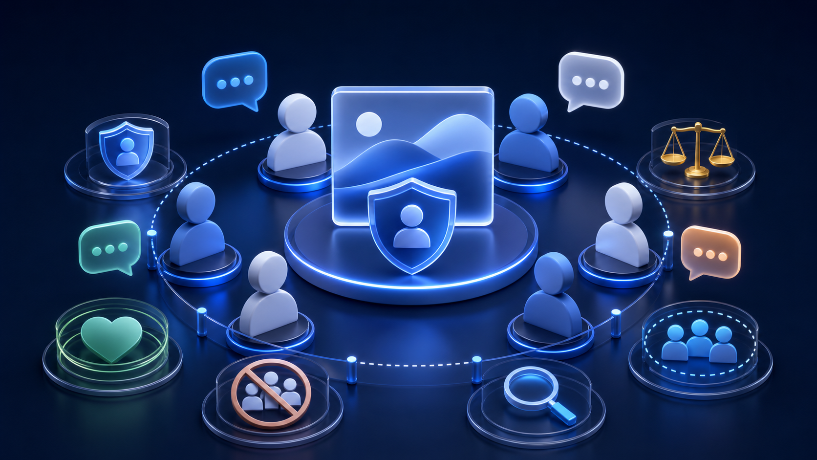 Protected image at the centre of a respectful discussion with privacy, dignity, empathy, fact-checking, limited-audience, and anti-gossip controls