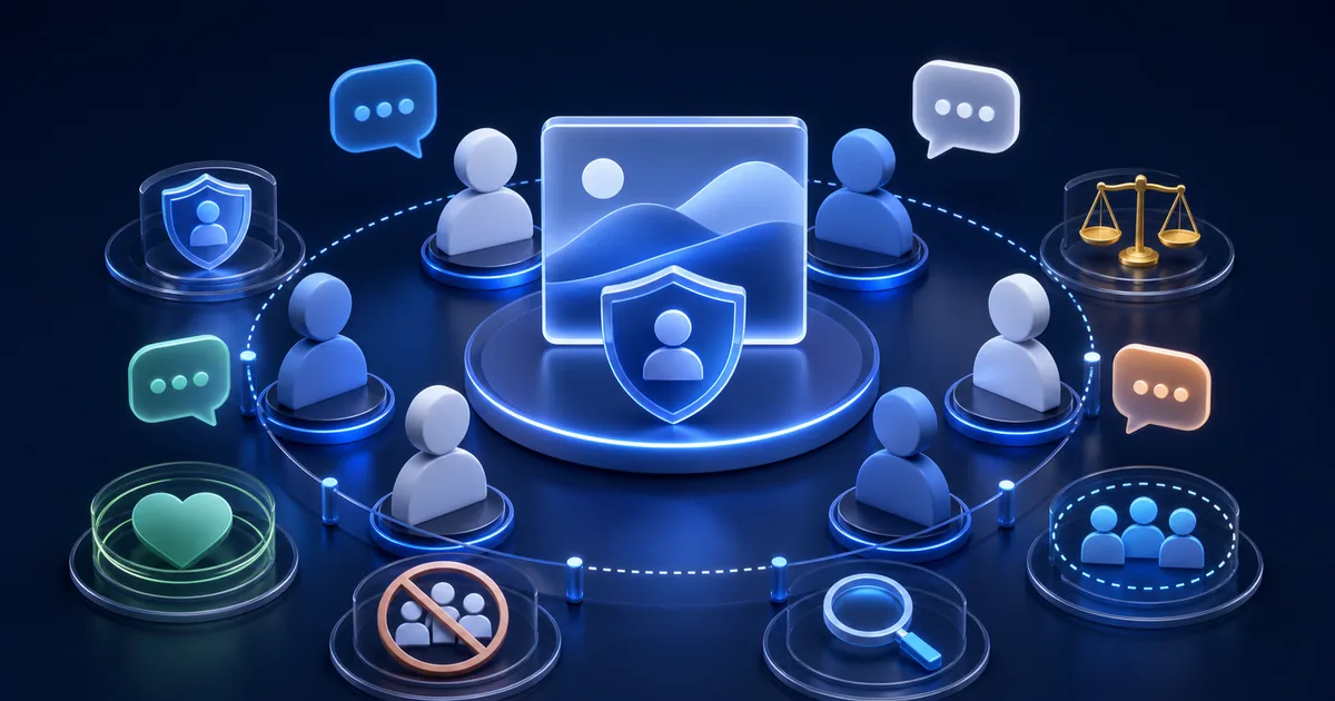Protected image at the centre of a respectful discussion with privacy, dignity, empathy, fact-checking, limited-audience, and anti-gossip controls