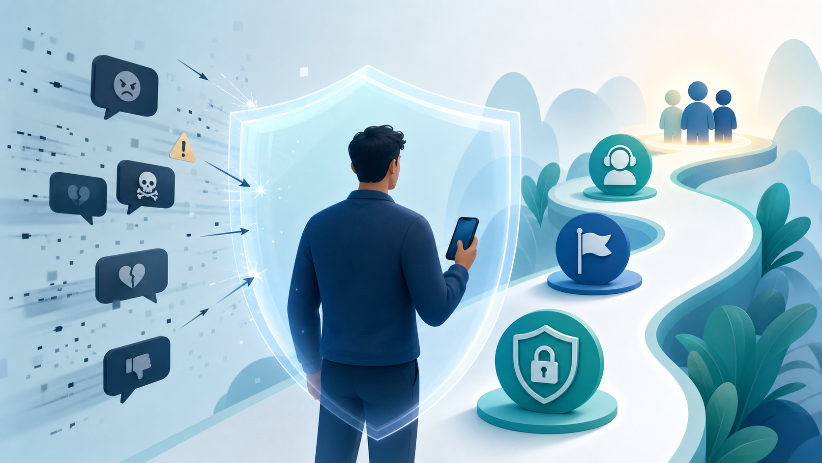 Adult protected by a digital shield while moving away from threatening messages toward account security, reporting, support, and trusted people