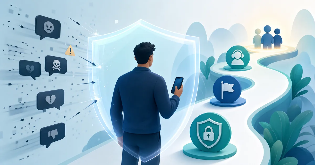 Adult protected by a digital shield while moving away from threatening messages toward account security, reporting, support, and trusted people
