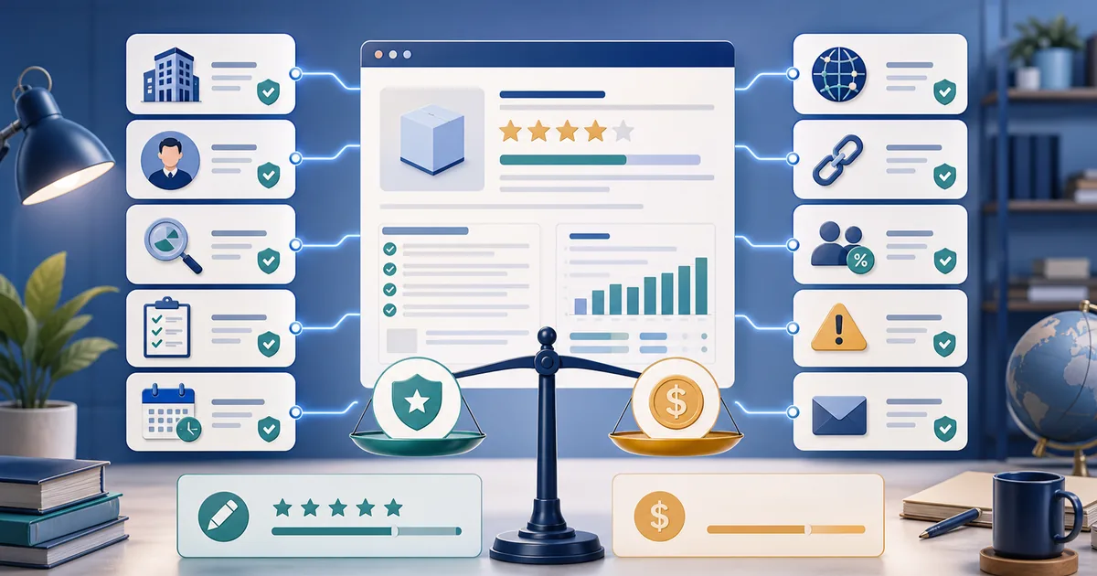 Independent review website surrounded by disclosures for ownership, author, methodology, evidence, update date, sources, affiliate links, limitations, and contact
