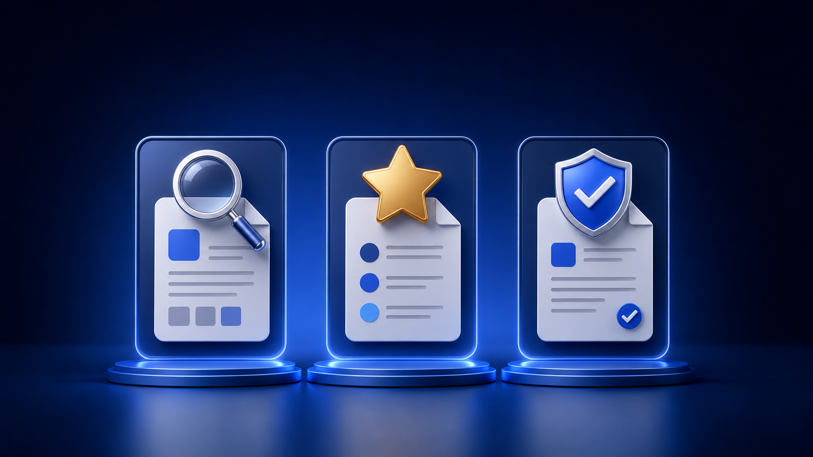 Three document cards representing an independent review, recommendation, and guarantee