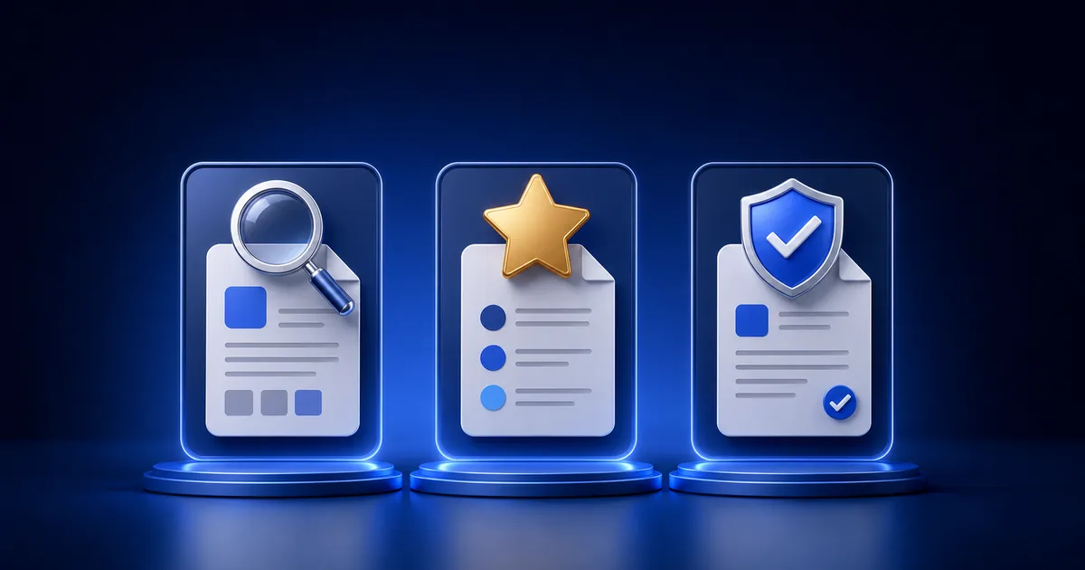 Three document cards representing an independent review, recommendation, and guarantee