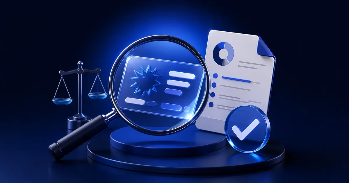 Magnifying glass examining a marketing claim beside a balanced review document and verification checkmark