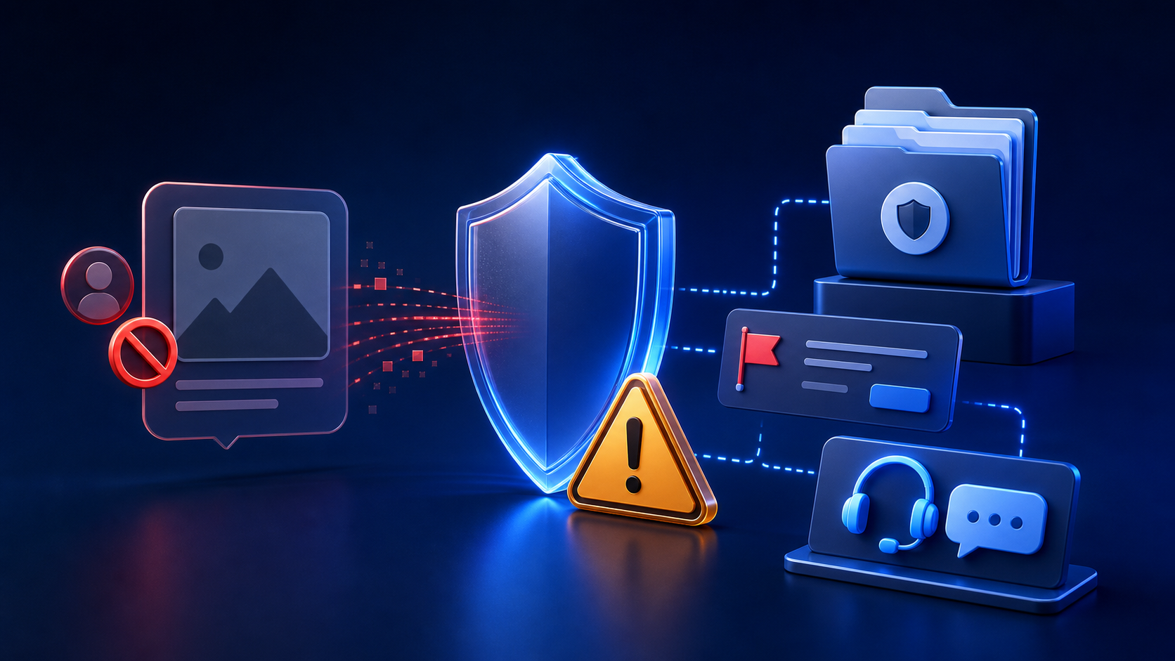 Suspicious image message stopped by a privacy shield with warning, blocking, evidence, and reporting symbols