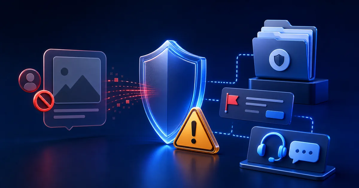 Suspicious image message stopped by a privacy shield with warning, blocking, evidence, and reporting symbols